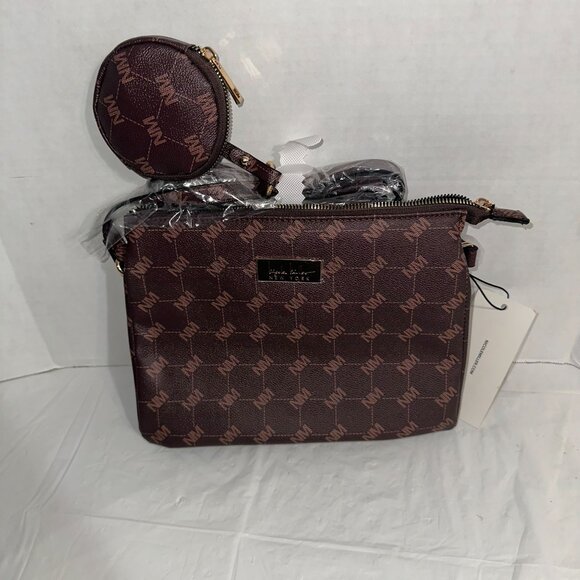 Nicole Miller New York Brown Monogram Crossbody Bag With Coin Purse NWT - Picture 1 of 7